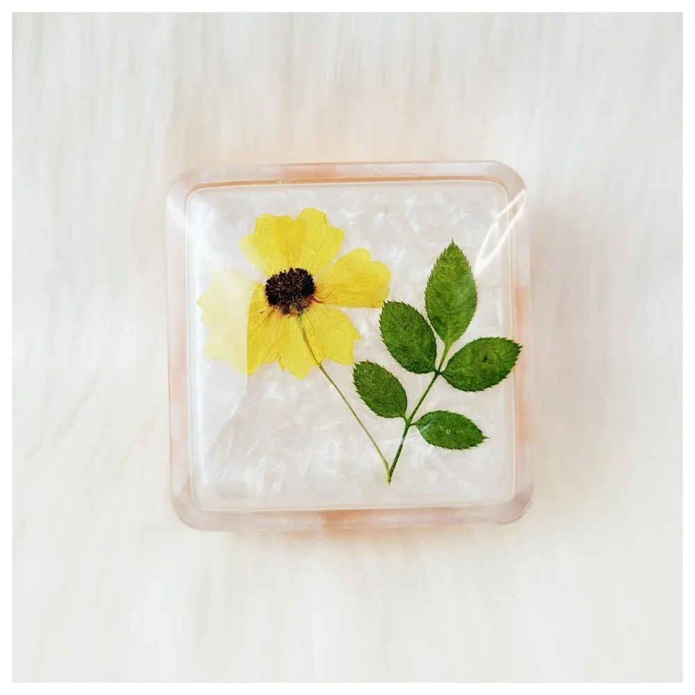 Floral Trinket Box Small Square Jewelry Box Stash Box Yellow Orange White